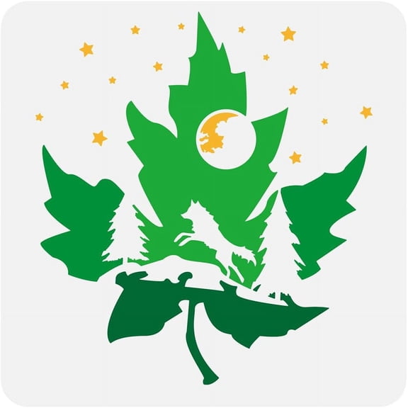 Maple Leaf Wolf Moon Star Tree Painting Stencil 11.8x11.8inch Reusable Running Wolf Pattern Drawing Stencil Animal Themes Spraying Big Stencil Canadian Wilderness Decorative Template DIY Making
