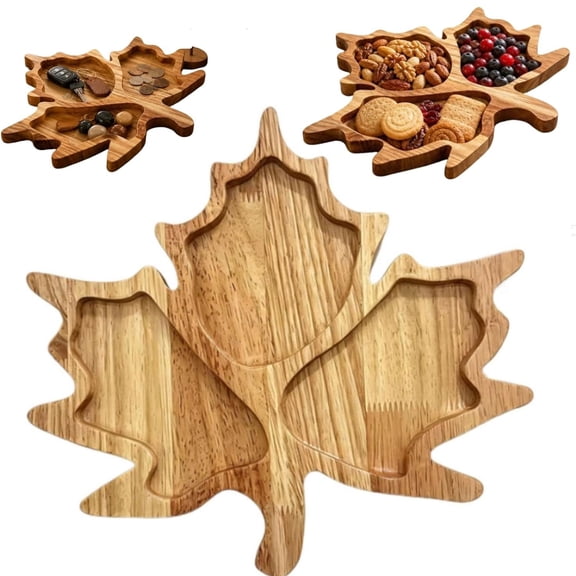 Maple Leaf Wooden Serving Tray 3 Compartment Snack Board, Natural Solid Wood, Charcuterie Platter, Thanksgiving Autumn Home Decor(lxf)