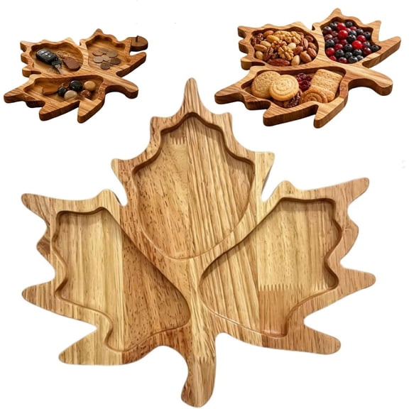 Maple Leaf Wooden Serving Tray - 3 Compartment Snack Board, Natural Solid Wood, Thanksgiving Home Decor, Charcuterie Platter, Fall Harvest Style