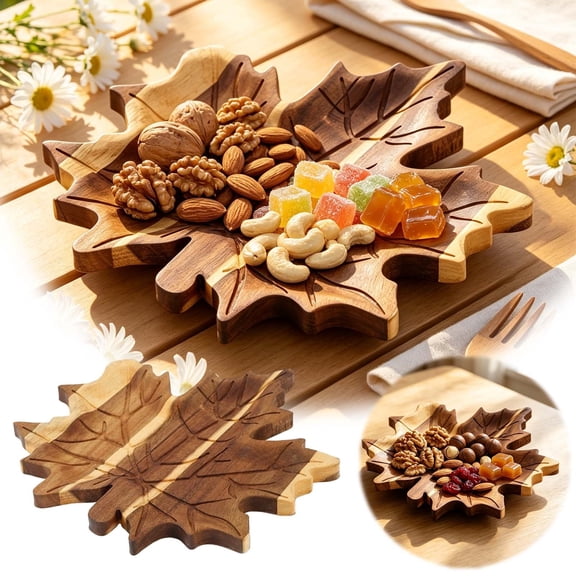 Maple Leaf Wooden Serving Tray, Leaf Shaped Wood Platter with Carved Vein Details, Divided Snack Tray for Fruits, Nuts, Cheese and Appetizers, Decorative Tabletop Serving Board