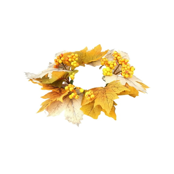 Maple Leaf Wreath Candle Ring - Fall Decor with Faux Leaves, Pumpkins & Berries, Plastic Centerpiece