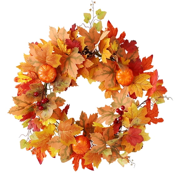 Maple Leaf Wreath, Orange Maple Leaf Wreath, Fall Decor Maple Wreath with Pumpkins And Berries, 19.68 Inch Autumn Front Door Decoration, by Elapind