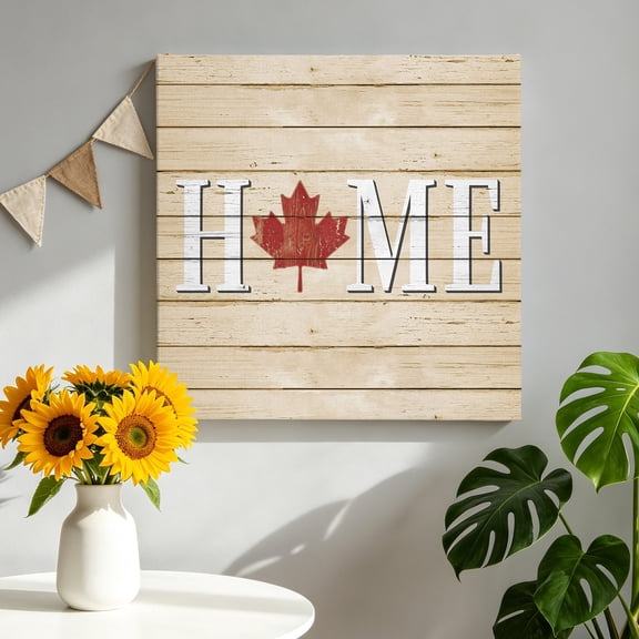 Maple Leafs Canvas Wall Art, Home Beige Wood Grain Striped Vintage Framed Canvas Wall Decor Picture Print Artwork Decorations for Living Room Office Ready to Hang 12" x 12"