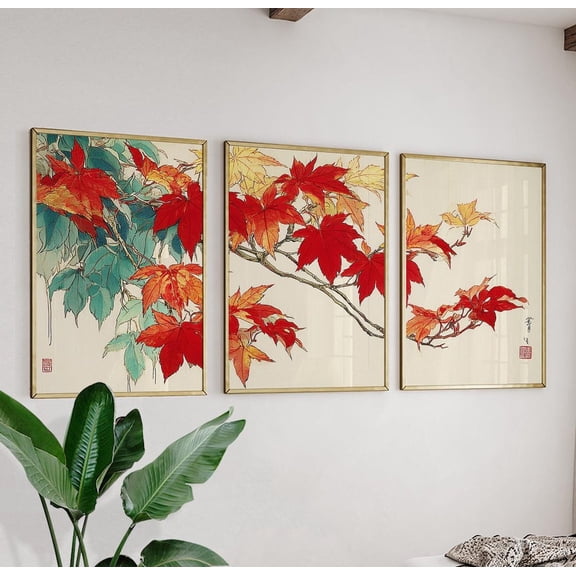 Maple Leaves Autumn Japanese Ink Art Version Three Set 3 Unframed Paper Print 8x12