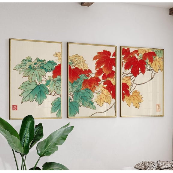 Maple Leaves Autumn Japanese Ink Wash Art Version Two Set 3 Unframed Paper Print 20x30