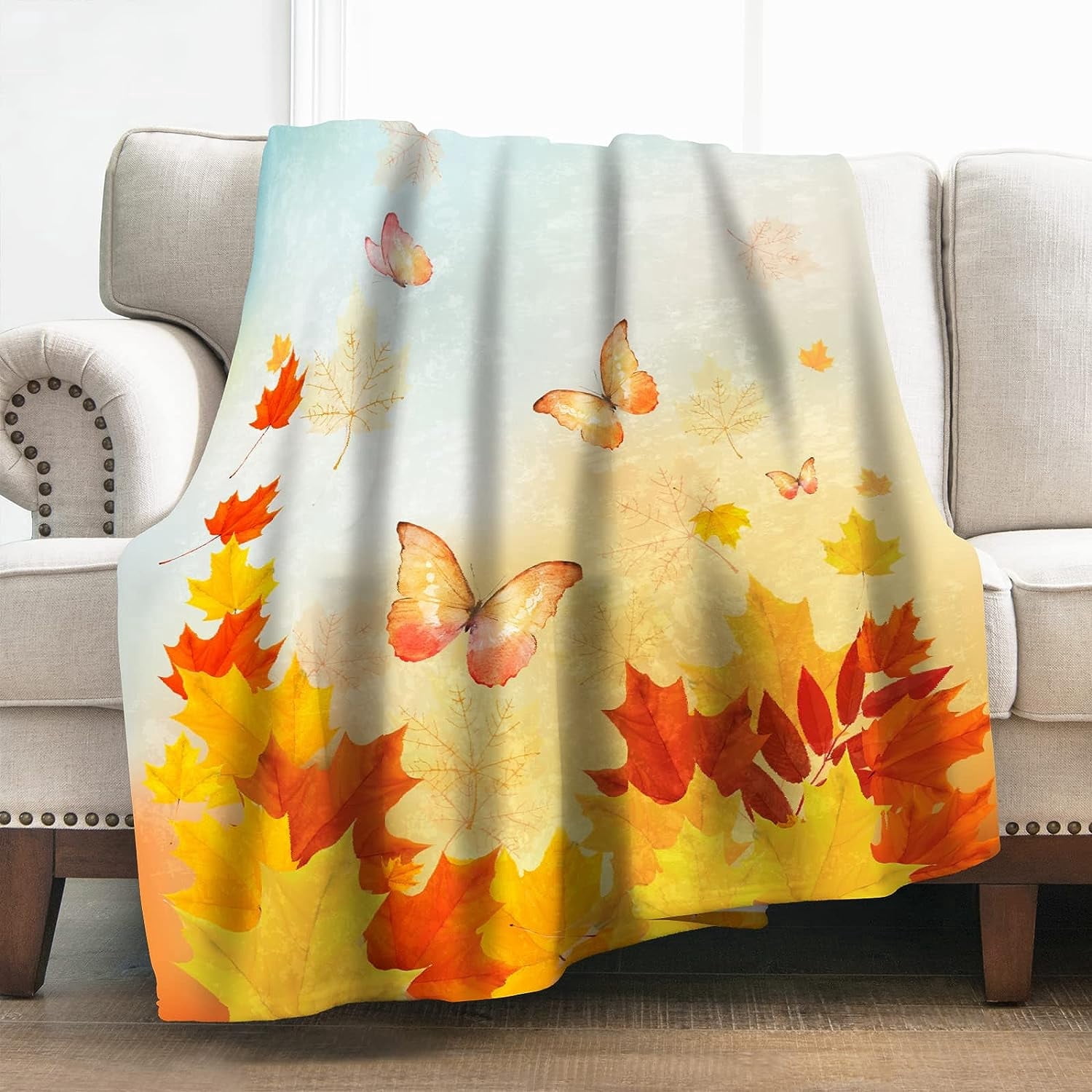 Maple Leaves Blanket Gifts for Women Girls Boys, Autumn Maple Leaves Butterfly Decoration for Home Bedroom Dorm Thanksgiving Day Halloween, Soft Fluffy Lightweight Throw Blankets 50"x60"