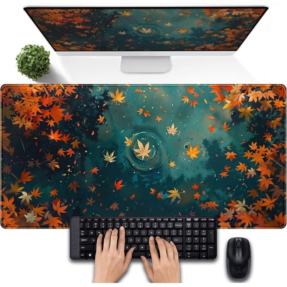 Maple Leaves Desk Mat Gaming Mouse Pad Large, Extended Desk Pad Full Desk Cover Mat, Fall Leaves Laptop Keyboard Pad, Computer Desktop Mat XXL, Aesthetic Fall Desk Accessories 31.5x15.7 Inch