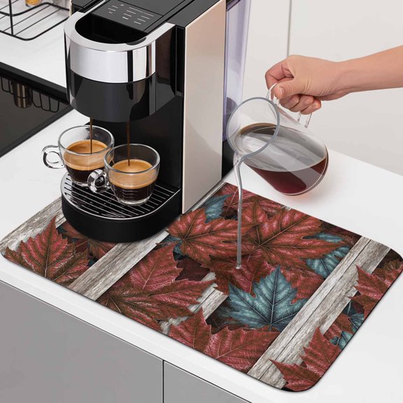 Maple Leaves Dish Drying Mats for Kitchen Counter, Blue Red Leaf Black White Stripes Abstract Absorbent Coffee Bar Mat with Non-slip Rubber Backed Quick Drying Dish Rack Pad 16"x24"