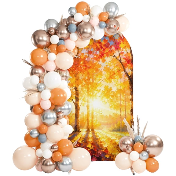 Maple Leaves Fall Arch Backdrop Cover 6.6Ft, Wedding Arch Covers Stretchy Backdrop, Thanksgiving Autumn Warm Landscape Fitted 2 Sided Arched Photo Background for Birthday Party Decorations