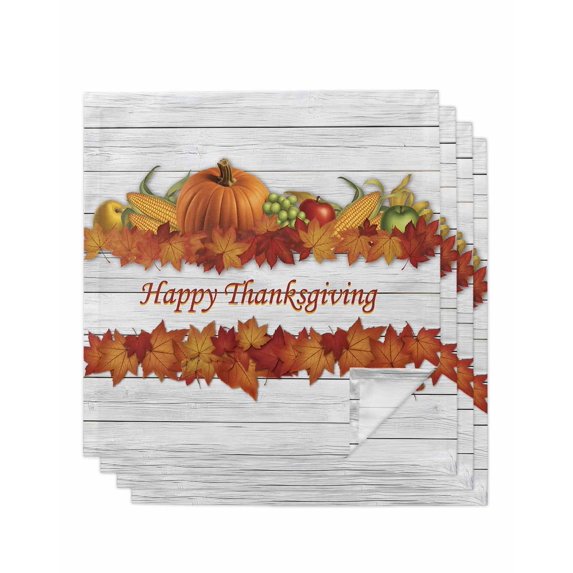 Maple Leaves Fall Cloth Napkins Set of 4 Reusable Dinner Napkins, Thanksgiving Pumpkins Autumn Corn Wood Grain Cocktail Napkin Washable Table Napkins for Wedding/Holiday Party/Baby Shower 20"x20"