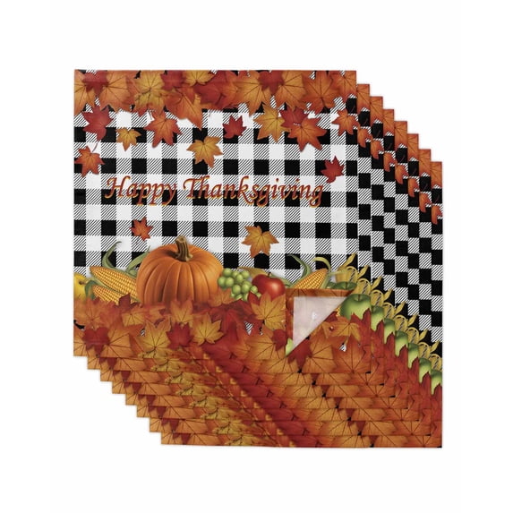 Maple Leaves Fall Cloth Napkins Set of 8 Reusable Dinner Napkins, Thanksgiving Pumpkins Rustic Corn Retro Plaid Cocktail Napkin Washable Table Napkins for Wedding/Holiday Party/Baby Shower 20"x20"