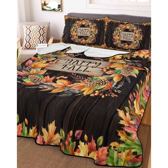 Maple Leaves Fall Full Size Down Alternative Comforter, Lightweight Comforter Quilt Bedding Set with Pillow Shams Autumn Botanical Farmhouse Wooden All Seasons Bed Comforter Duvet Insert 78"x90"