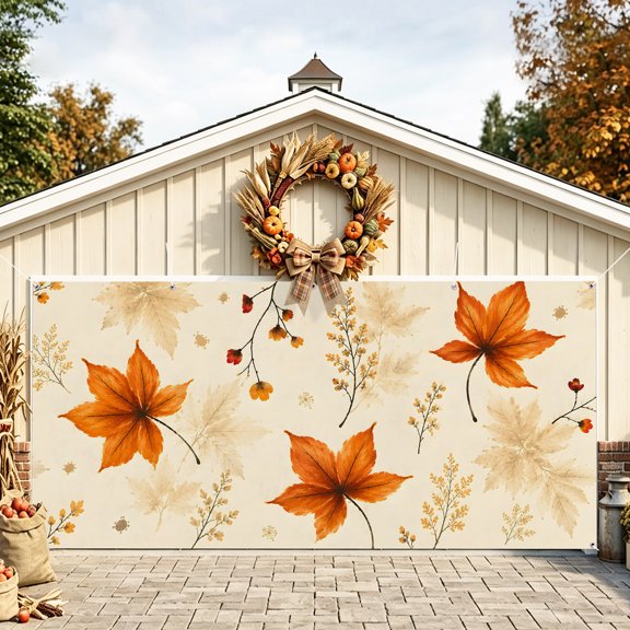 Maple Leaves Fall Garage Door Banner 6.9x8 Ft, Thanksgiving Botanical Garden Autumn Outdoor Garage Door Cover for Holiday Party, Hanging Banner Backdrop Decoration Wall Decor Flag