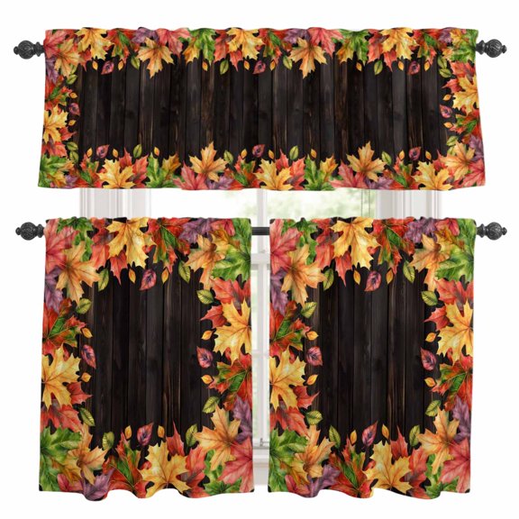 Maple Leaves Fall Kitchen Curtains Sets for Windows 36 Inch Length, Thanksgiving Botanical Wooden Autumn Leaf Rod Pocket Window Treatments Tier Curtains and Valances Set for Bedroom/Bathroom