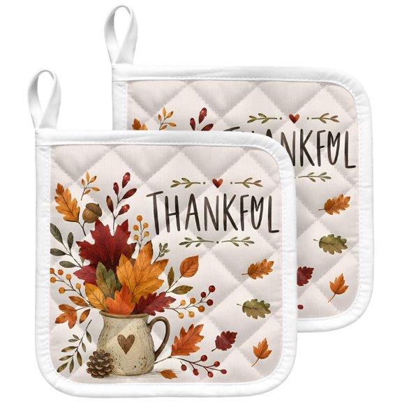 Maple Leaves Fall Pot Holders for Kitchen Heatproof Potholder, 2 Pack Thanksgiving Botanical Berry Hot Pads Multipurpose Oven Pads Terry Cloth Potholders Trivet for Cooking and Baking