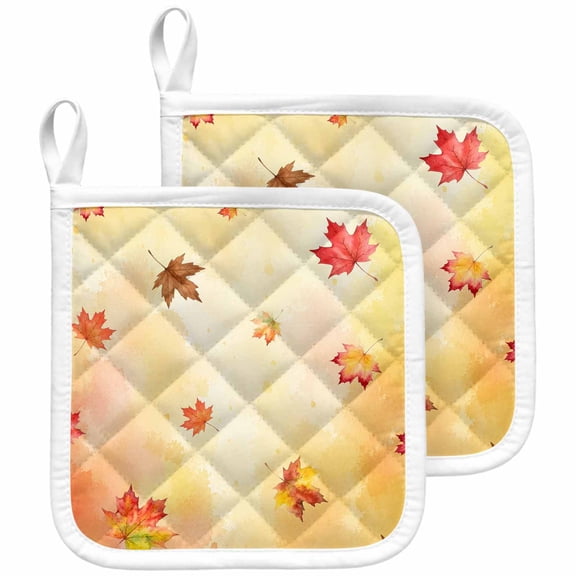 Maple Leaves Fall Pot Holders for Kitchen Heatproof Potholder, 2 Pack Thanksgiving Farmhouse Falling Leaf Hot Pads Multipurpose Oven Pads Terry Cloth Potholders Trivet for Cooking and Baking