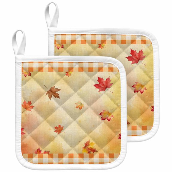 Maple Leaves Fall Pot Holders for Kitchen Heatproof Potholder, 2 Pack Thanksgiving Rustic Orange Plaid Hot Pads Multipurpose Oven Pads Terry Cloth Potholders Trivet for Cooking and Baking