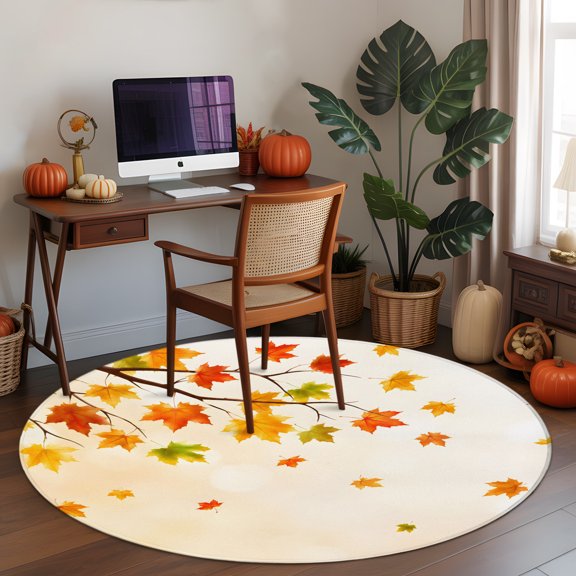 Maple Leaves Fall Round Area Rug 3 FT, Small Kitchen Bathroom Mat, Thanksgiving Branches Farmhouse Art Washable Indoor Outdoor Throw Runner Carpet Non-Shedding Doormat for Table Shower Sofa Entryway