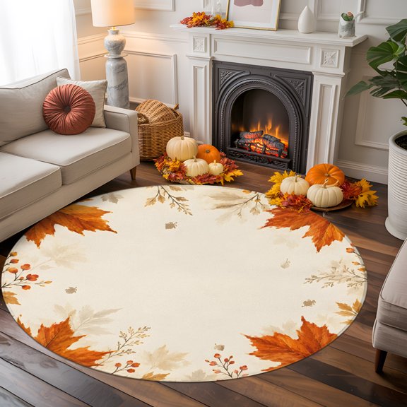 Maple Leaves Fall Round Area Rug 6 FT, Non Slip Bedroom Area Rug, Thanksgiving Botanical Farmhouse Washable Soft Circular Carpet Non-Shedding Floor Mat for Kitchen Dining Room Home Office Kids Room