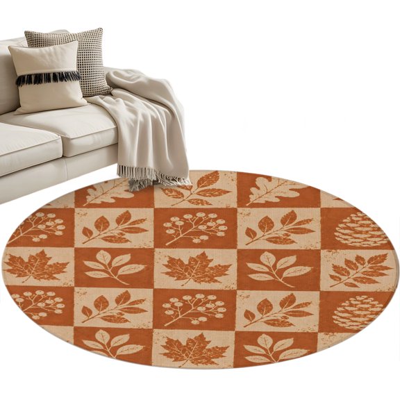 Maple Leaves Fall Round Rug 3ft Washable Circle Entryway Rugs Non Slip Botanical Thanksgiving Checkered Area Rug Indoor Floor Carpet for Bedroom Kitchen Living Room Home Office Dining Room Nursery