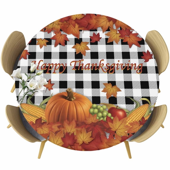 Maple Leaves Fall Round Tablecloth, Fitted Table Cover with Elastic for 36"-44" Round Tables, Thanksgiving Pumpkins Rustic Corn Retro Plaid Table Cloth Outdoor Dinning Party Waterproof Tablecloths
