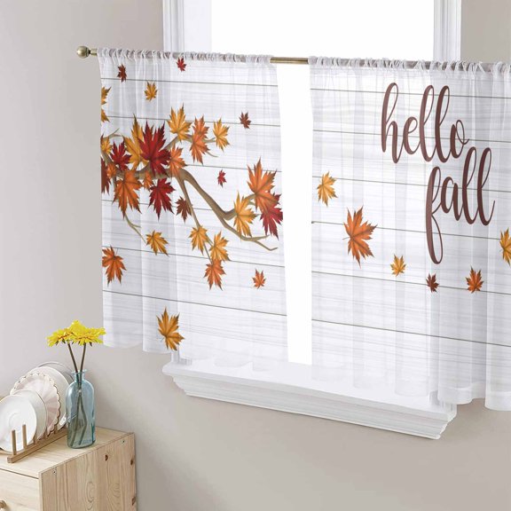 Maple Leaves Fall Sheer Curtains 54 Inches Length 2 Panels Set, Window Sheer Curtains for Living Room/Bedroom,Thanksgiving Botanical Branches Wooden Light Filtering Rod Pocket Curtain 52'' x 54'' x 2