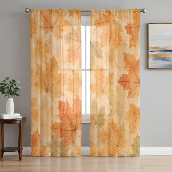Maple Leaves Fall Sheer Curtains 96 Inch Length 2 Panels Set, Harvest Warm Thanksgiving Voile Window Treatment Semi Sheer Long Curtains Drapes for Bedroom/Living Room/Kitchen 52"x96"x2