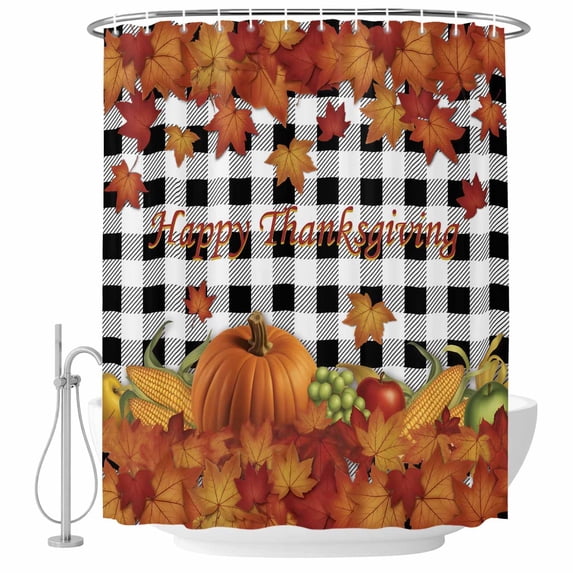 Maple Leaves Fall Shower Curtain, Waterproof Shower Curtains for Bathroom, Thanksgiving Pumpkins Rustic Corn Retro Plaid Washable Fabric Bathtub Curtain Set Bath Decor with 12 Hooks Standard 72"x72"