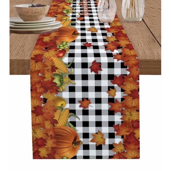 Maple Leaves Fall Table Runner 36 Inches, Thanksgiving Pumpkins Rustic Corn Retro Plaid Bed Runner Dresser Scarves Tabletop for Indoor Outdoor Parties/Ceremony/Banquet, 13"x 36"