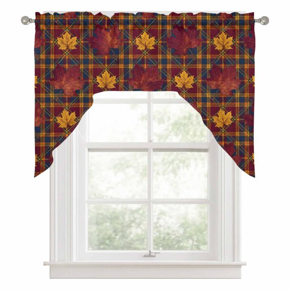 Maple Leaves Kitchen Curtains Swag Valance for Windows/Bathroom/Cafe, Autumn Country Botanical Leaf Buffalo Plaid Rod Pocket Drape Panel Swag Curtains Valance for Bedroom/Living Room 56"x36"