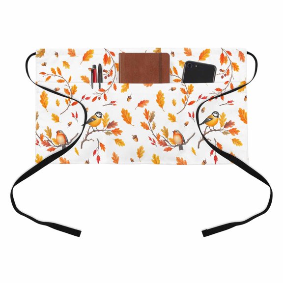 Maple Leaves Kitchen Restaurant Half Waist Apron, Fall Branch Sparrow Bird Nuts Thanksgiving Server Short Apron with 3 Pockets Waterproof Oil Waist Aprons for Women Waitress Waiter