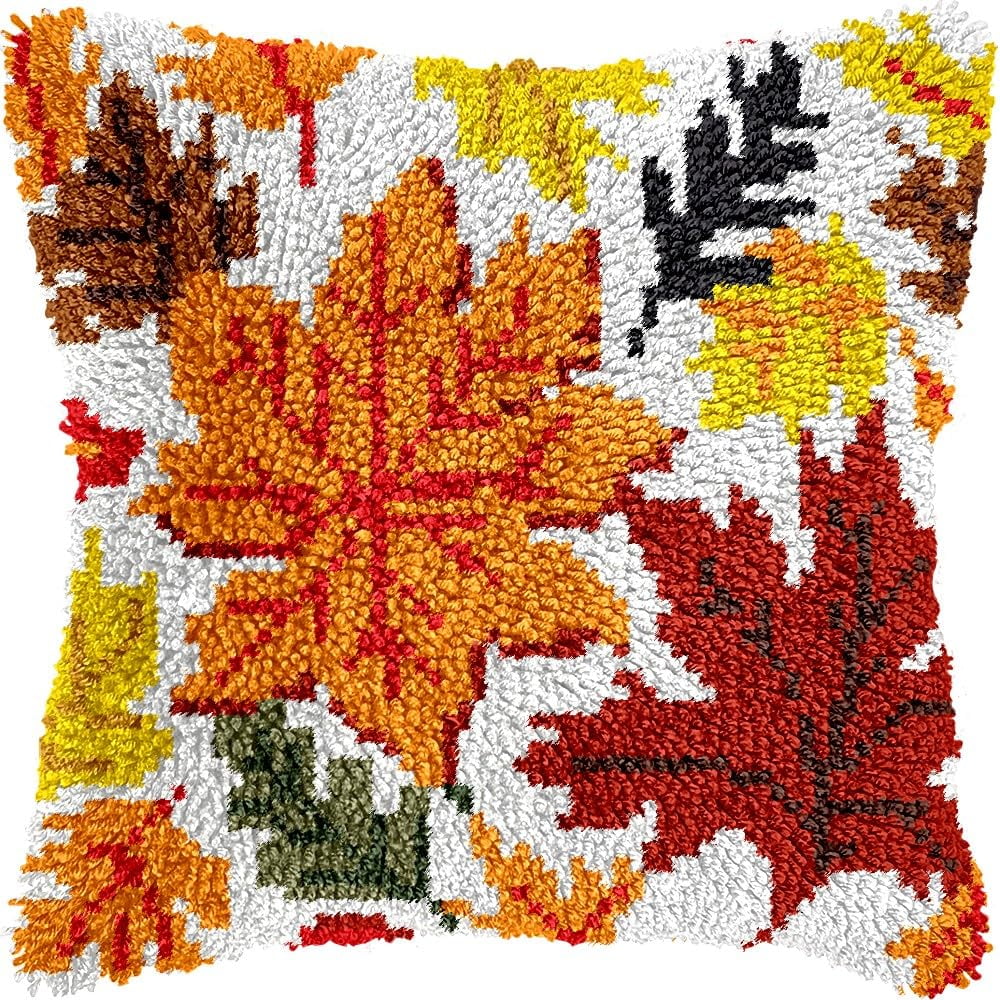Maple Leaves Latch Hook Pillow Kits for DIY Handmade Throw Pillow Cushion Embroidery Latch Hooking Pillowcase Kits with Preprinted Canvas Crochet Yarn Kits 17''X 17''(g46)