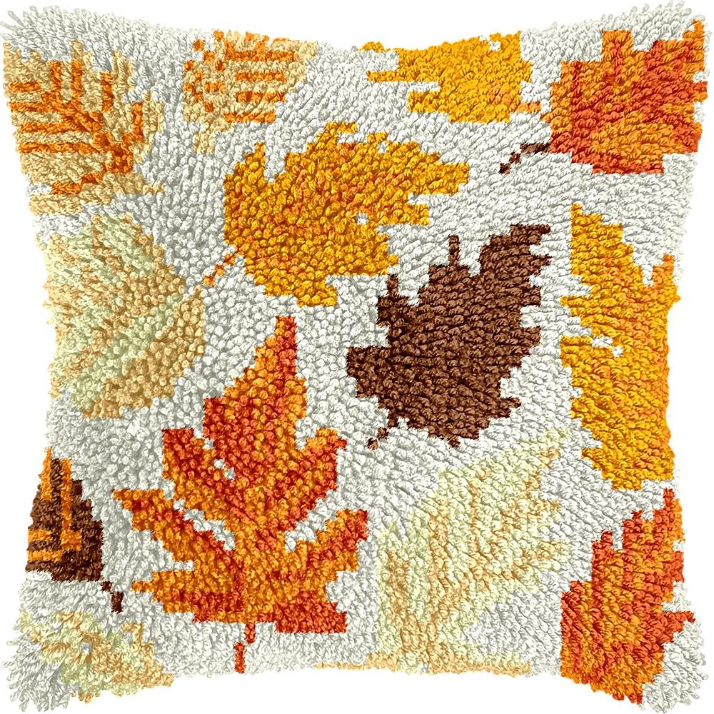 Maple Leaves Latch Hook Pillow Kits for DIY Throw Pillow Cushion Embroidery Latch Hooking Pillowcase Kits with Preprinted Canvas Crochet Yarn Kits for Home Decor 17''X 17''(d149)