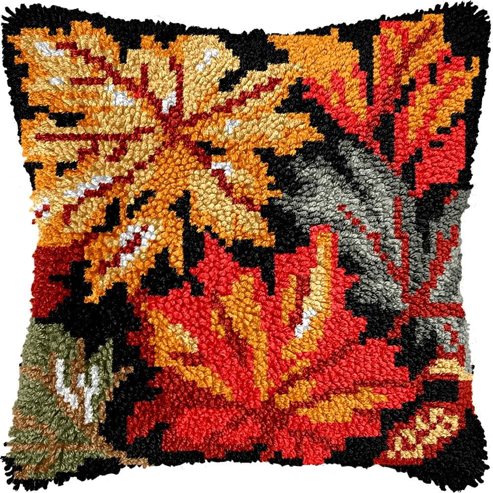 Maple Leaves Latch Hook Pillow Kits Pillow Cover Pattern Printed Canvas Knitted Hooking Pillowcase Cushion With Zipper Crafts Crochet Home Decor Kits 17x17 inch(f137)