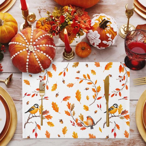 Maple Leaves Placemats Set of 12, Fall Branch Sparrow Bird Nuts Thanksgiving Non-Slip Place Mats Washable Table Mats for Kitchen Dining Table Decorations Indoor/Outdoor
