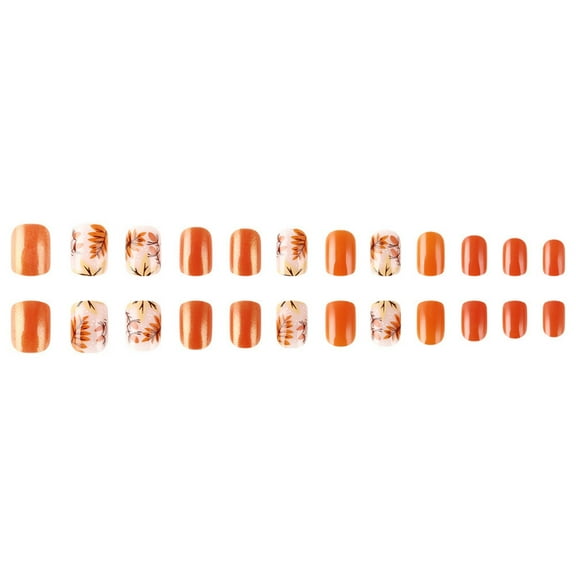 Maple Leaves Press on Nails Short Square Thanksgiving False Nails 24Pcs Glitters Acrylic Nails Art Easy Apply Manicure