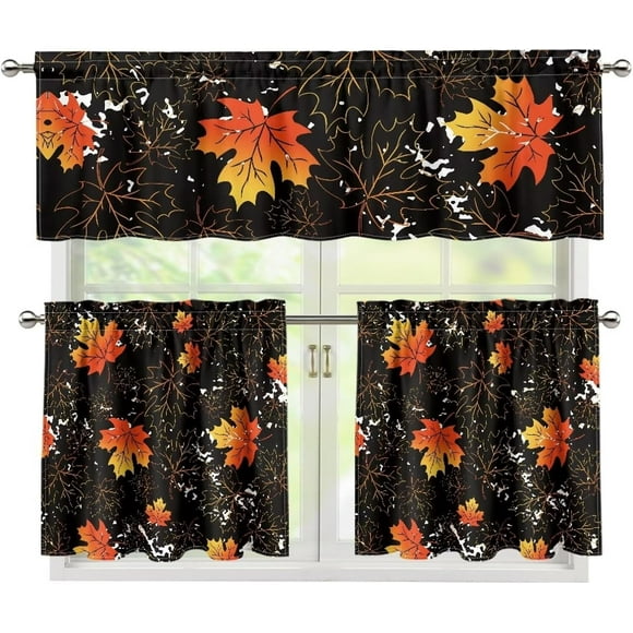 Maple Leaves Red Small Kitchen Window Curtains Over Sink Rod Pocket Curtain Drapes for Bathroom Over Sink Kitchen Curtains 3 Piece Set