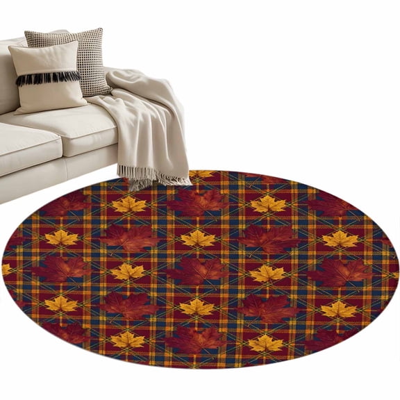 Maple Leaves Round Rug 3ft Washable Circle Entryway Rugs Non Slip Autumn Country Botanical Leaf Buffalo Plaid Area Rug Indoor Carpet for Bedroom Kitchen Living Room Home Office Dining Room Nursery