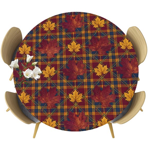 Maple Leaves Round Tablecloth 36-44 Inch Round Fitted Table Cloth with Elastic Edge, Autumn Country Botanical Leaf Buffalo Plaid Waterproof Table Cover Protector for Outdoor Picnic Party Dining