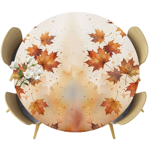 Maple Leaves Round Tablecloth 36-44 Inch Round Fitted Table Cloth with Elastic Edge, Autumn Orange Watercolor Falling Leaf Plants Waterproof Table Cover Protector for Outdoor Picnic Party Dining