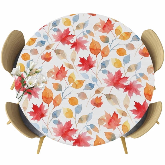 Maple Leaves Round Tablecloth 45-54 Inch Round Fitted Table Cloth with Elastic Edge, Orange Red Watercolor Botanical Leaf Plants Waterproof Table Cover Protector for Outdoor Picnic Party Dining