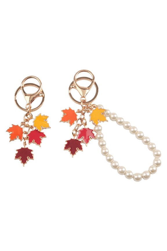 Maple Leaves Shaped Metal Keychain Jewelry 2PCS Pack Pearls Chain Detailing Autumn Winter Festival Bag Accessories