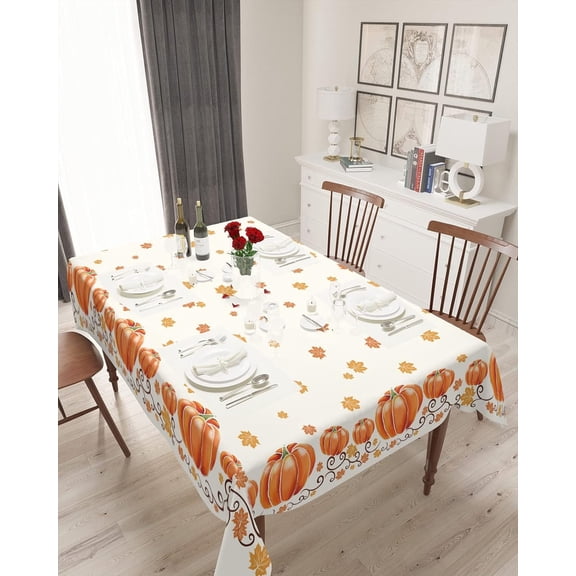 Maple Leaves Tablecloth Waterproof for Round/Rectangle/Oval/Square Tablecloth 60x84 in Table Cloth Cover Thanksgiving Decorations for Fall Baby Shower Christmas Wedding Party,Autumn Orange Pumpkin
