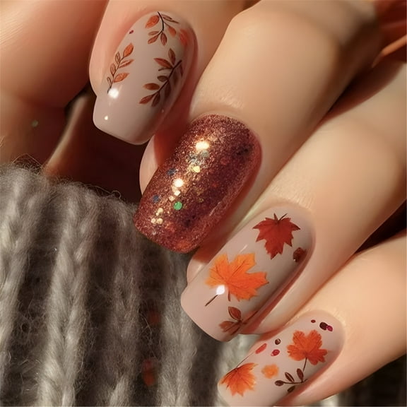 Maple Leaves Themed Press On Nails 24 Pieces Short Square Full Covers Thanksgiving Stick on Nails for Fall Festivities
