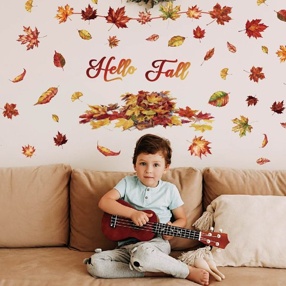 Maple Leaves Wall Stickers Autumn Vinyl Wall Decal Hello Fall Peel and Stick Wall Decor DIY Vinyl Art Wall Decoration DIY