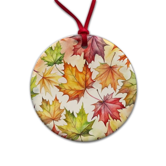Maple Leaves Watercolor Christmas Tree Holiday Round Ceramic Ornament