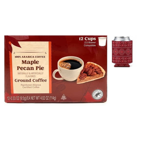 Maple Pecan Pie Light Roast Arabica Ground Coffee, 12 Single Serve Cups, Barissimo, 4.02oz 1 Pack w/ Can Cooler