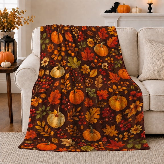 Maple Pumpkin Berry Flannel Blanket for Bedroom and Office, Brown Orange Red Leaf White Pumpkin Daisy Botanical Artwork with Cozy Fall Mood, Home Decor, Gift for Harvest Fans