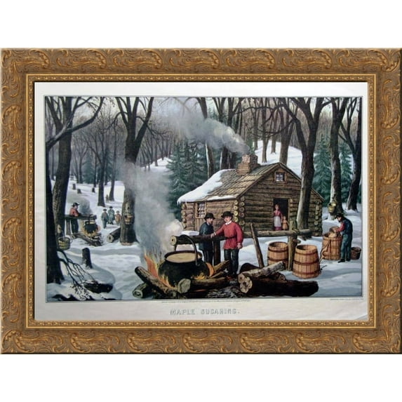 Maple Sugaring 24x18 Gold Ornate Wood Framed Canvas Art by Currier and Ives
