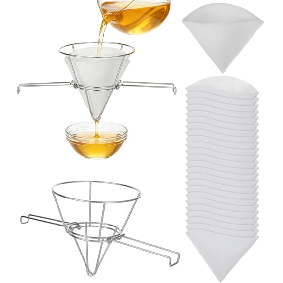 Maple Syrup Filtering Set, Stainless Steel Cone Holder 10 In, 1 Thick Reusable Filter With Slots, 24 Disposable Pre-Filters, For Sap Honey Oil Milk Straining